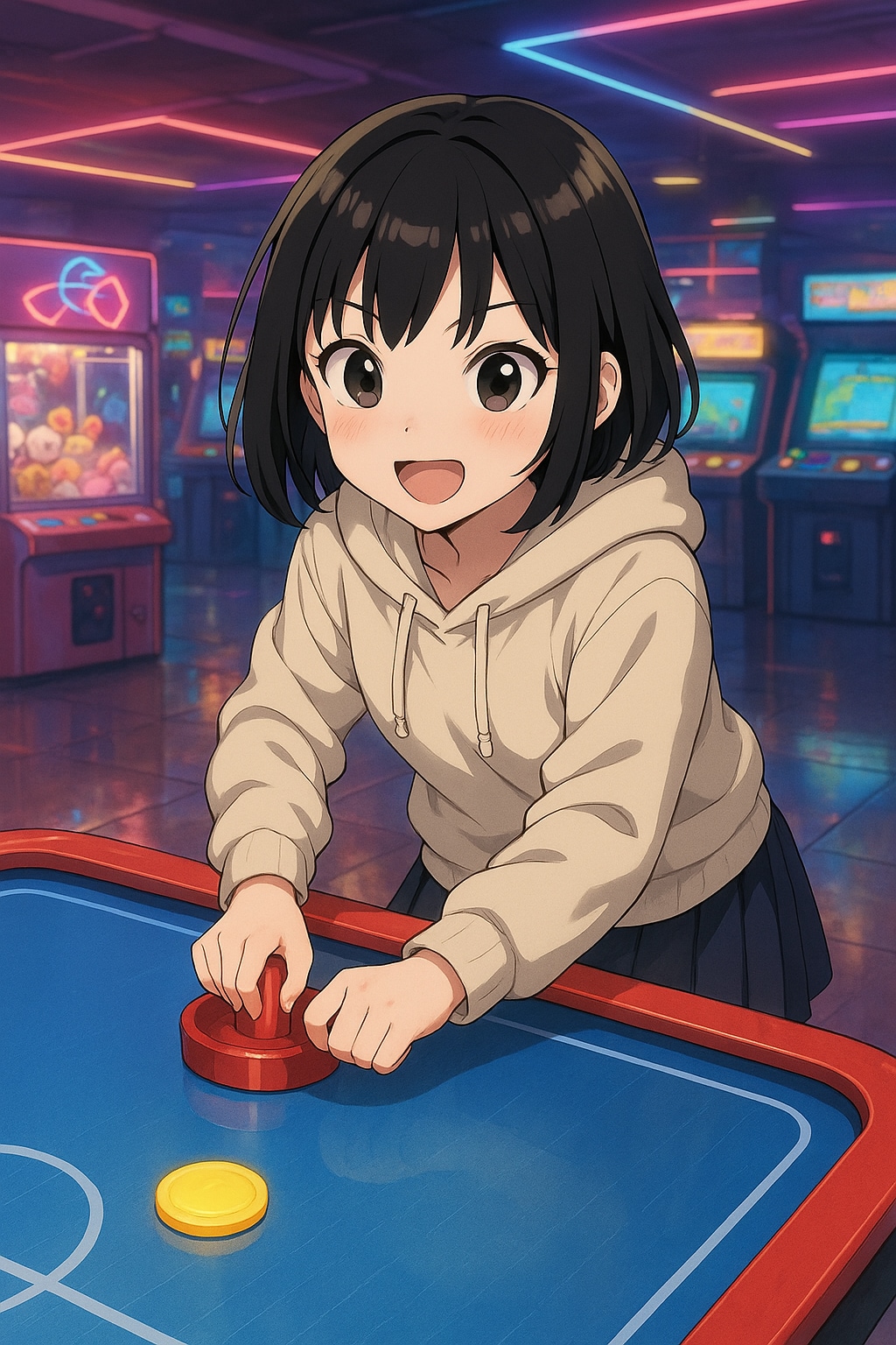 エアホッケーで遊ぶ女の子