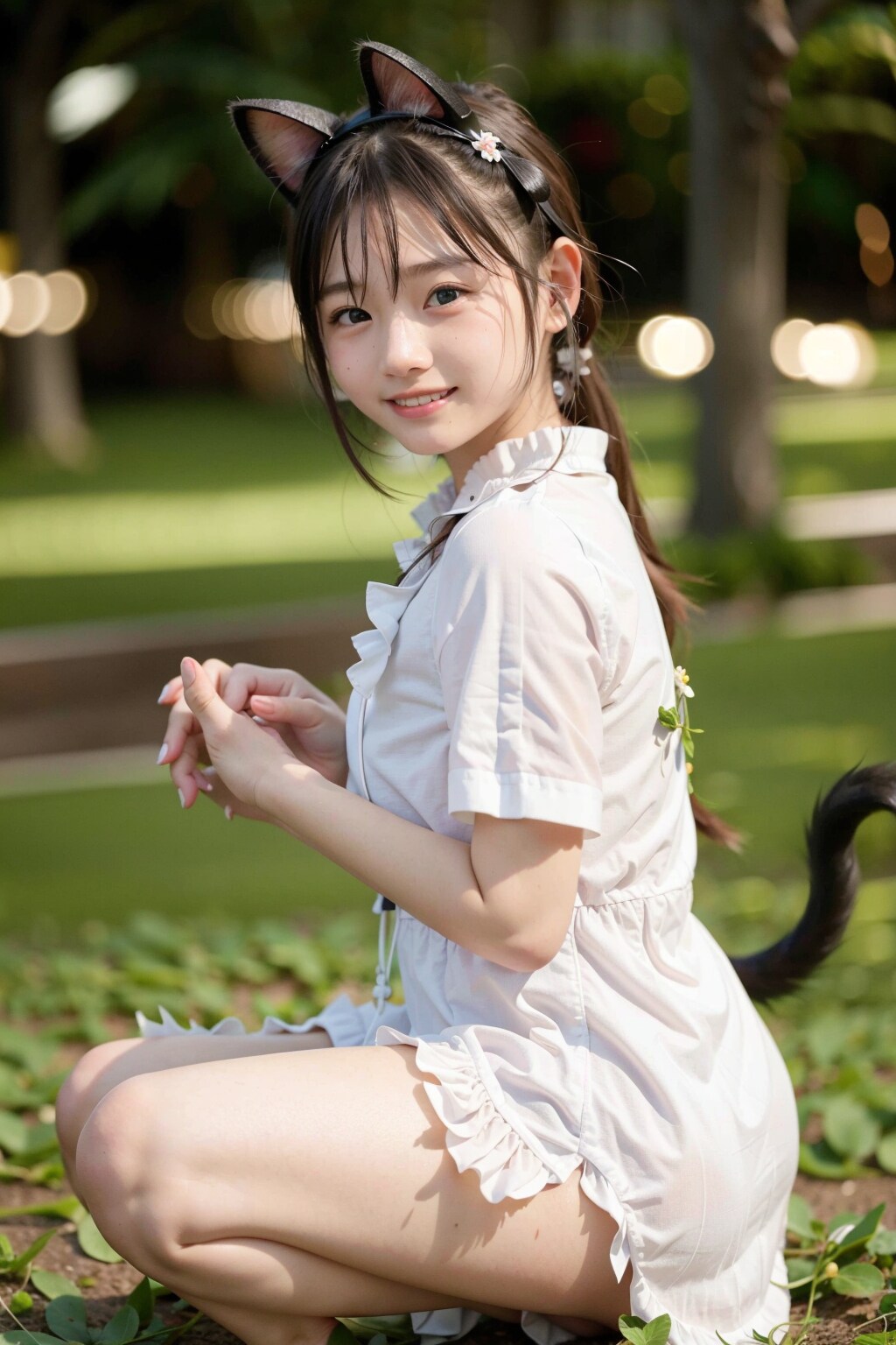 芝生と猫耳、猫娘