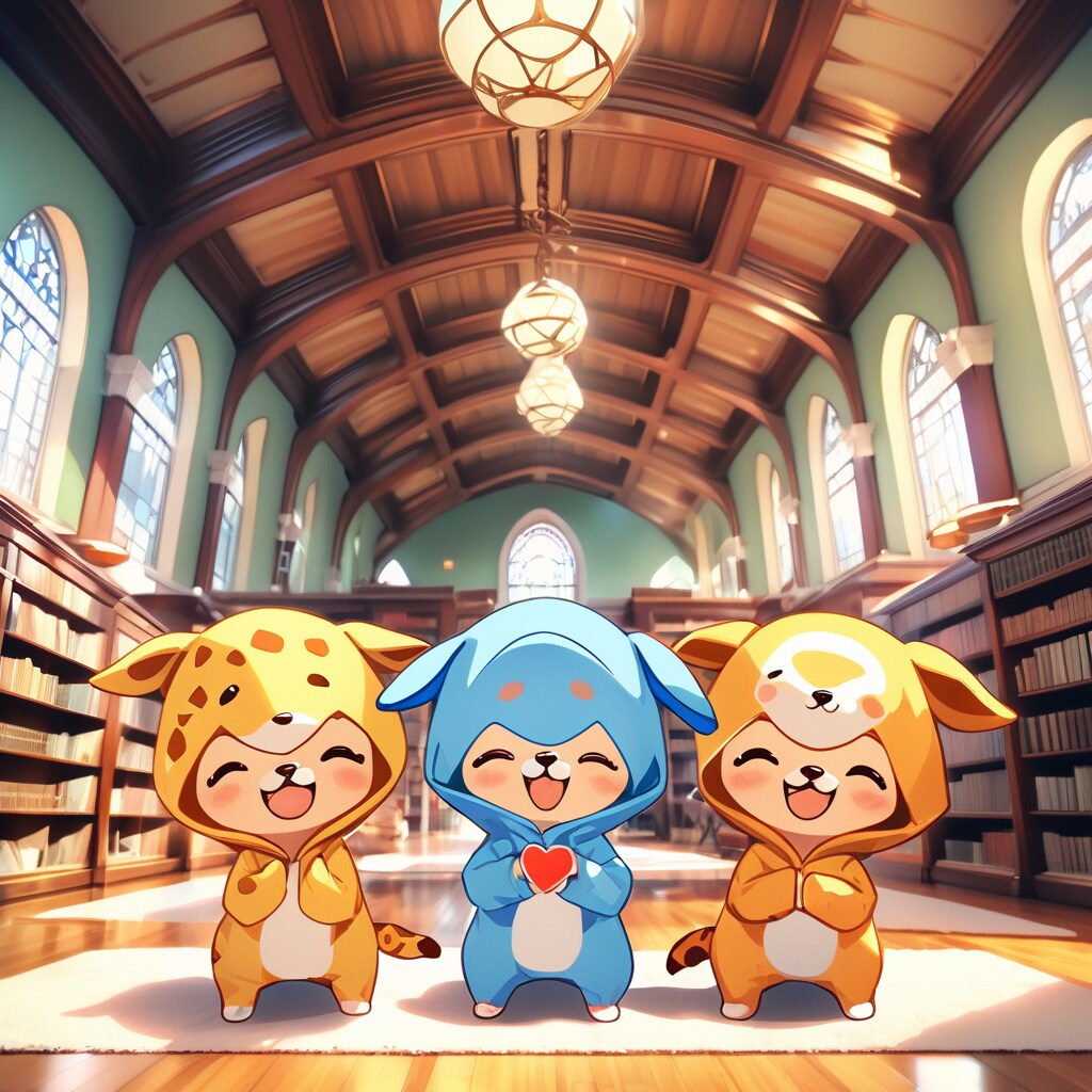 巨大図書館で読書しないキリン着ぐるみちび子ちゃん