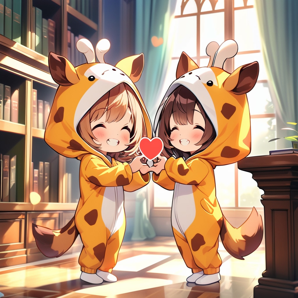 巨大図書館で読書しないキリン着ぐるみちび子ちゃん