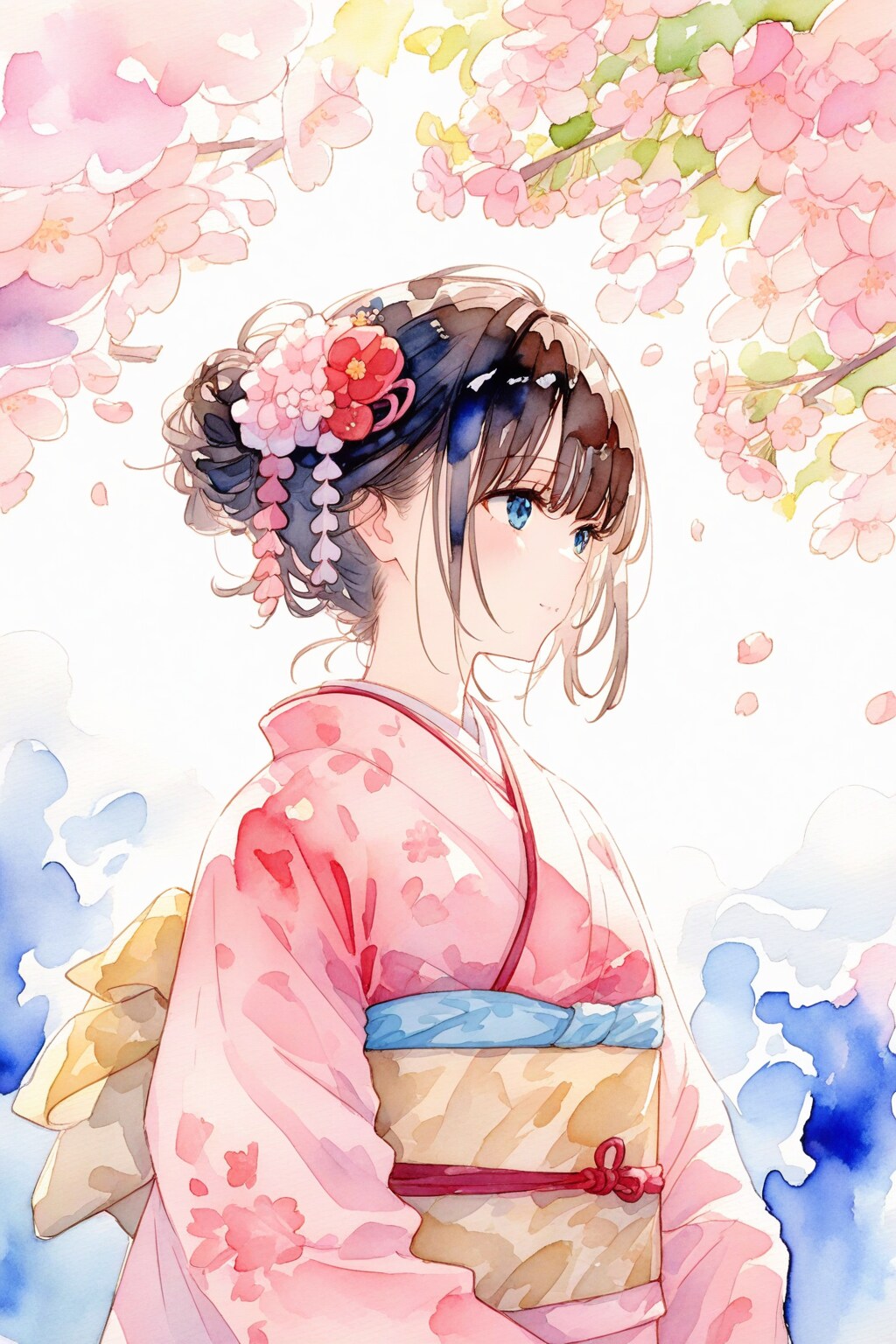 水彩画風「桜と着物」