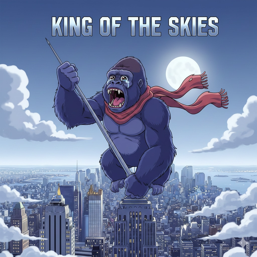 エンパイア・ステート・ビルの頂上の先端にしがみつくセンチメンタルゴリラ