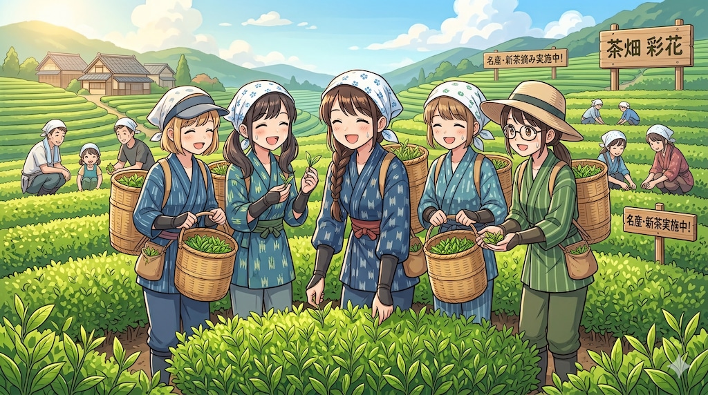 新茶の茶摘み