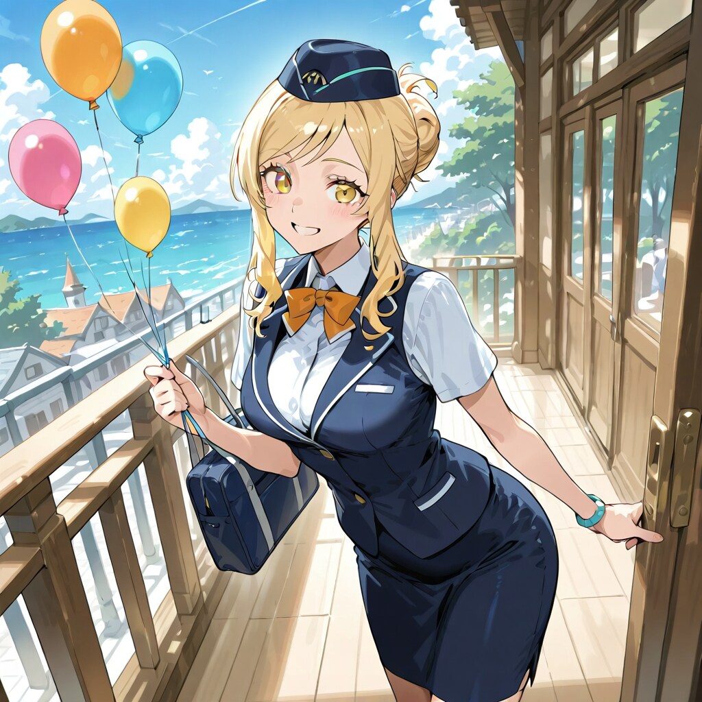 いっぱい色とりどりの風船を持つブロンドお団子ヘアのキャビンアテンダントの美女 | の人気AIイラスト・グラビア