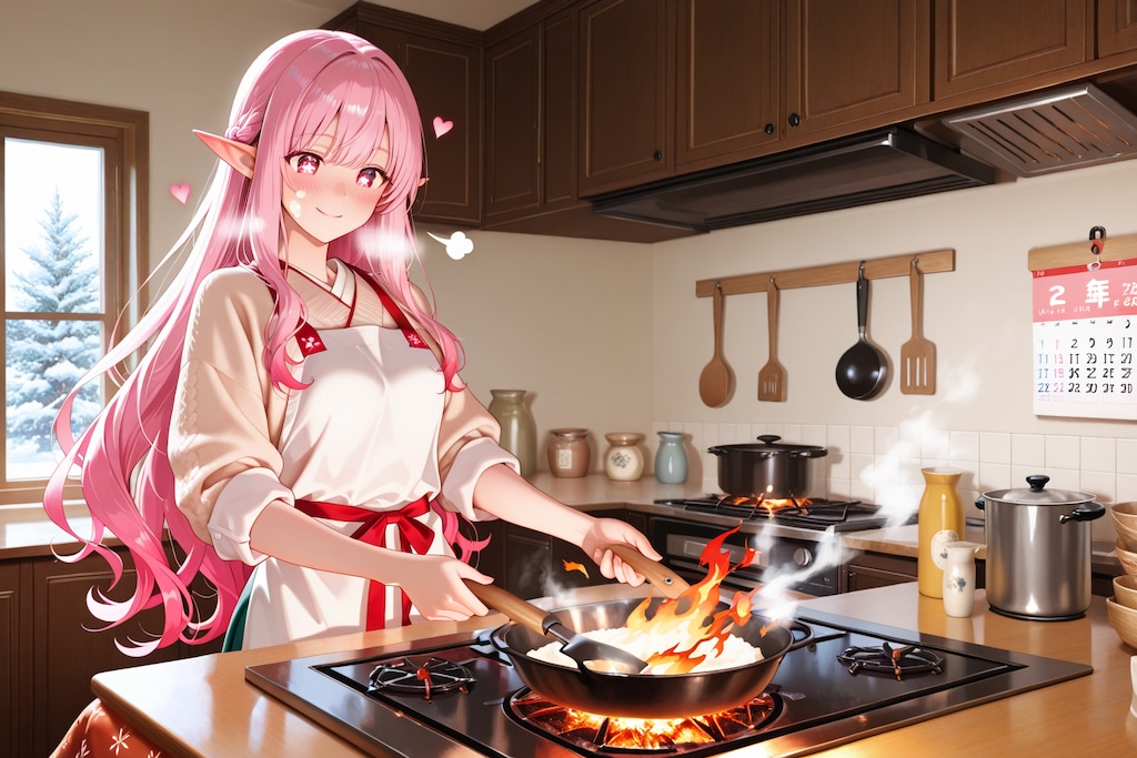 おせち？の準備をするエルフの女の子