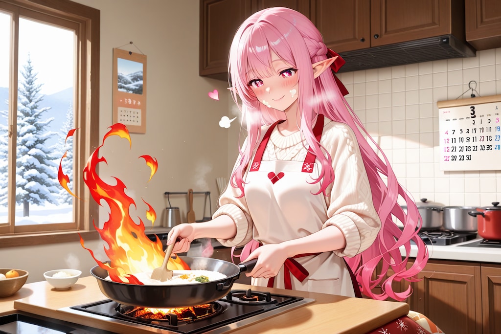 おせち？の準備をするエルフの女の子