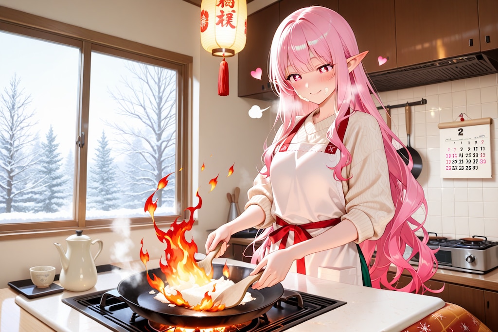 おせち？の準備をするエルフの女の子