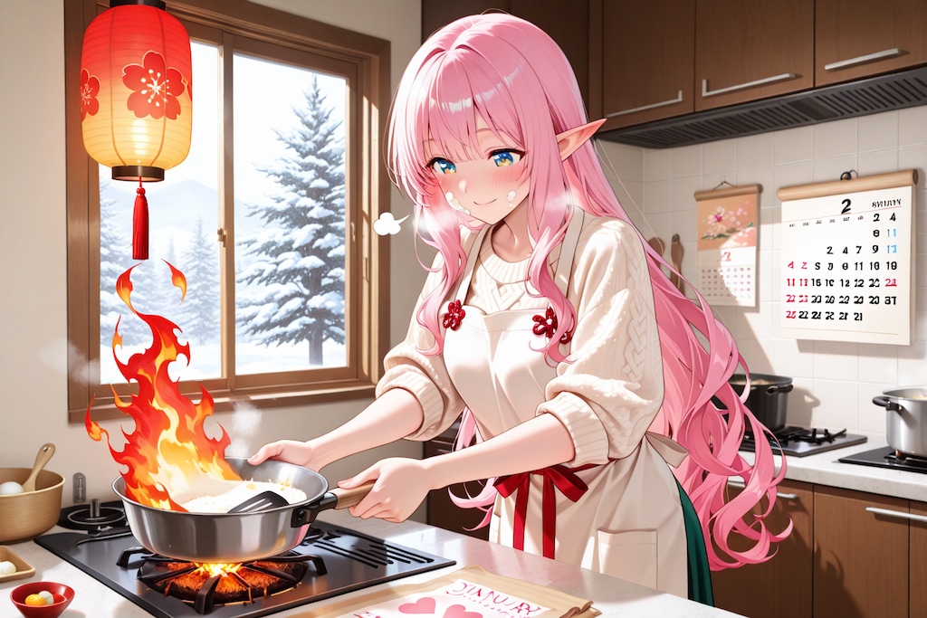 おせち？の準備をするエルフの女の子