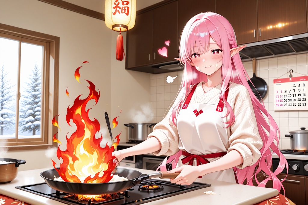 おせち？の準備をするエルフの女の子