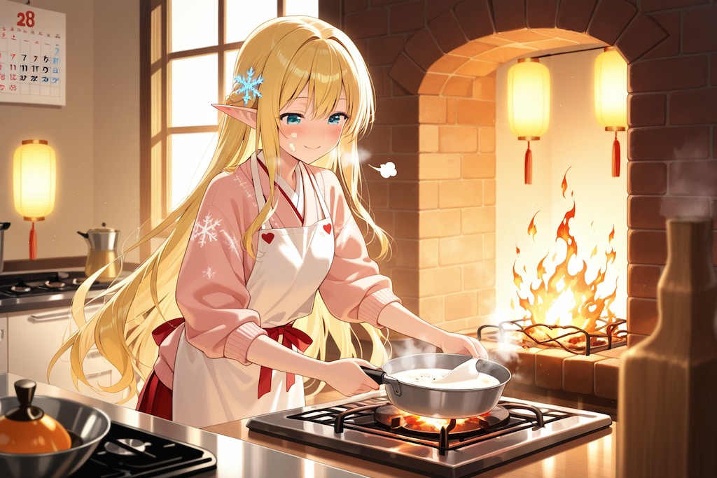 おせち？の準備をするエルフの女の子