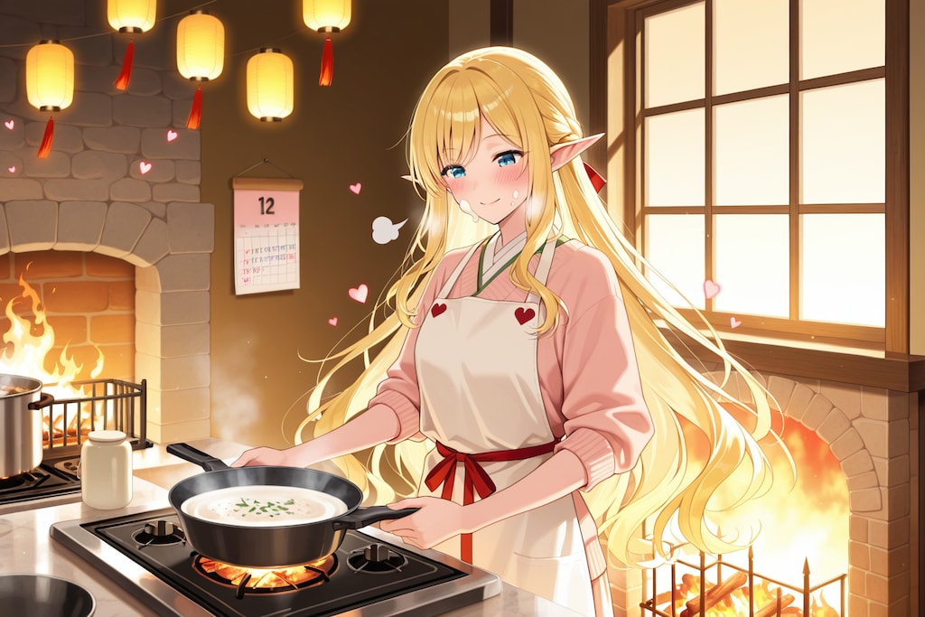 おせち？の準備をするエルフの女の子