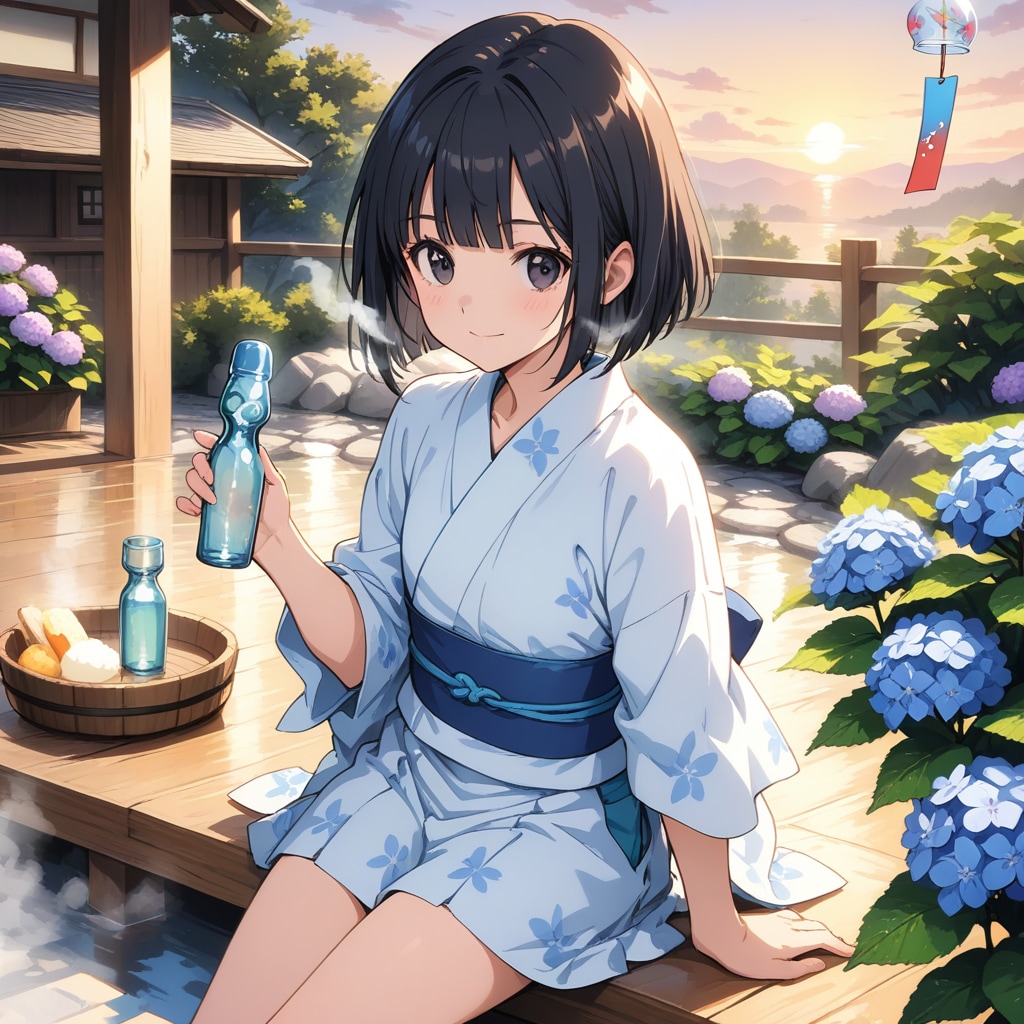 夕涼み、ラムネと足湯