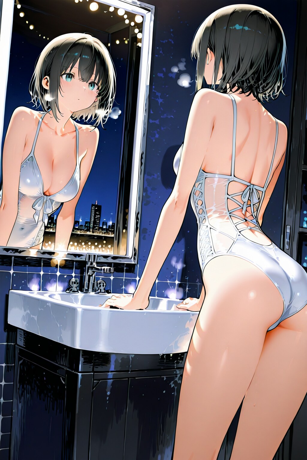 【習作】鏡と対峙するオリジナルキャラ系水着美少女