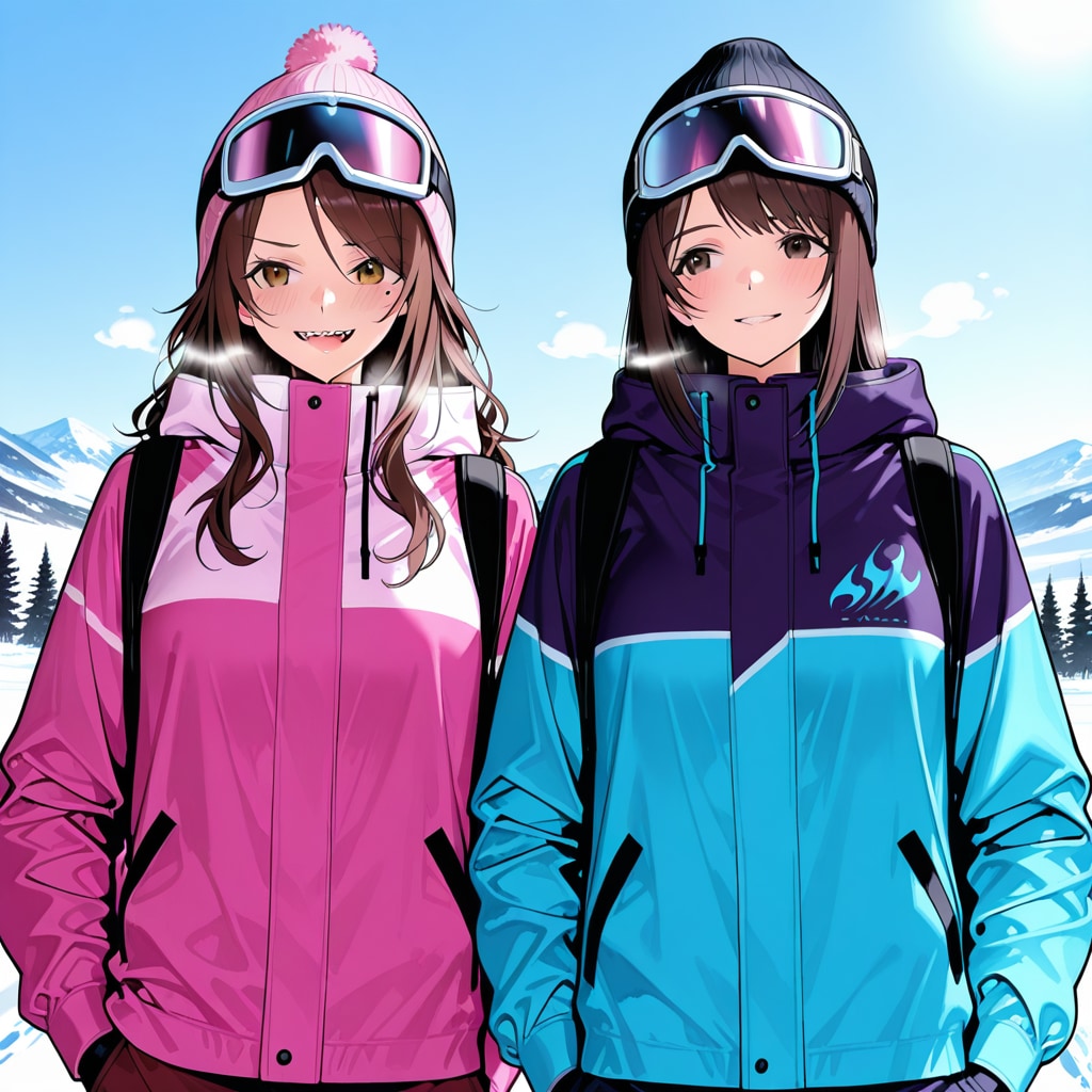 南半球のビーチの次は雪山でスキー、スノボに興じる二人 | の人気AIイラスト・グラビア