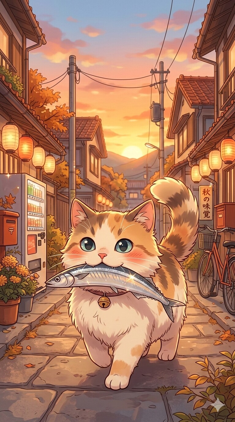 サンマをくわえる猫