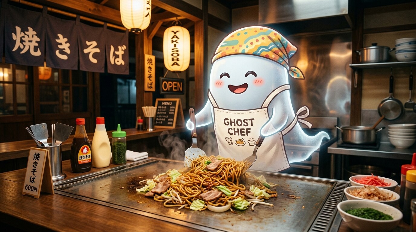 焼そばを作るお化け大将