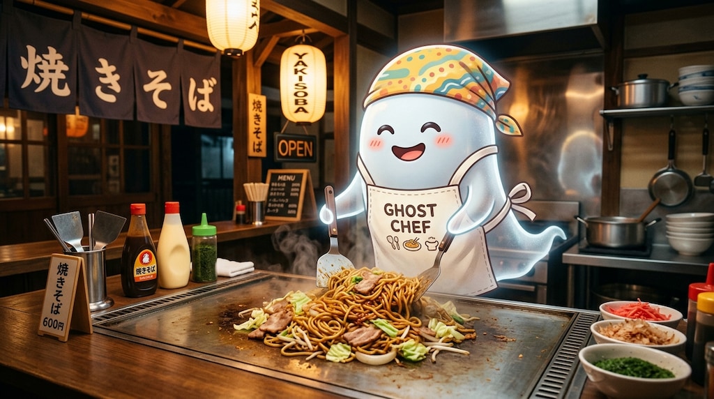 焼そばを作るお化け大将