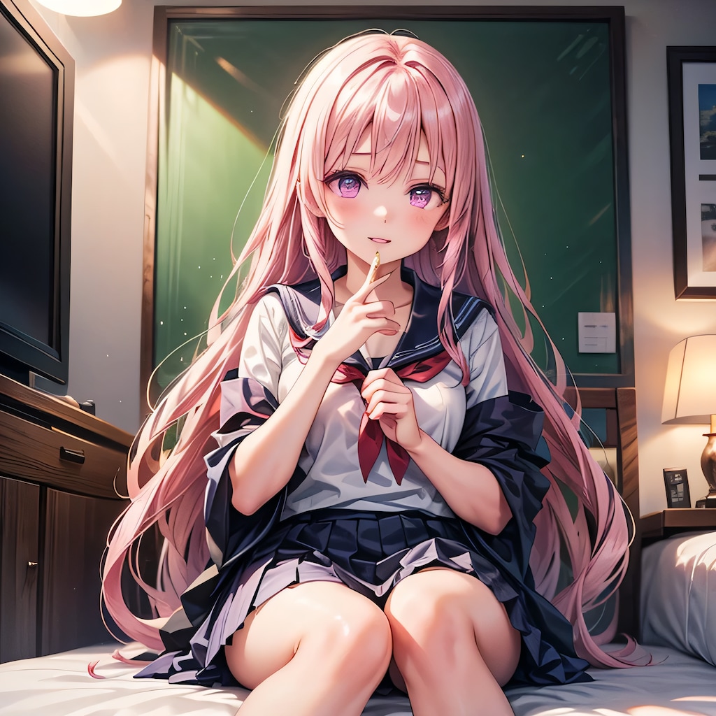 ピンク髪ロングで寝室の少女３