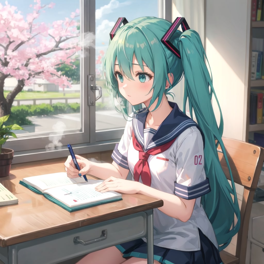 勉強しているミクさん