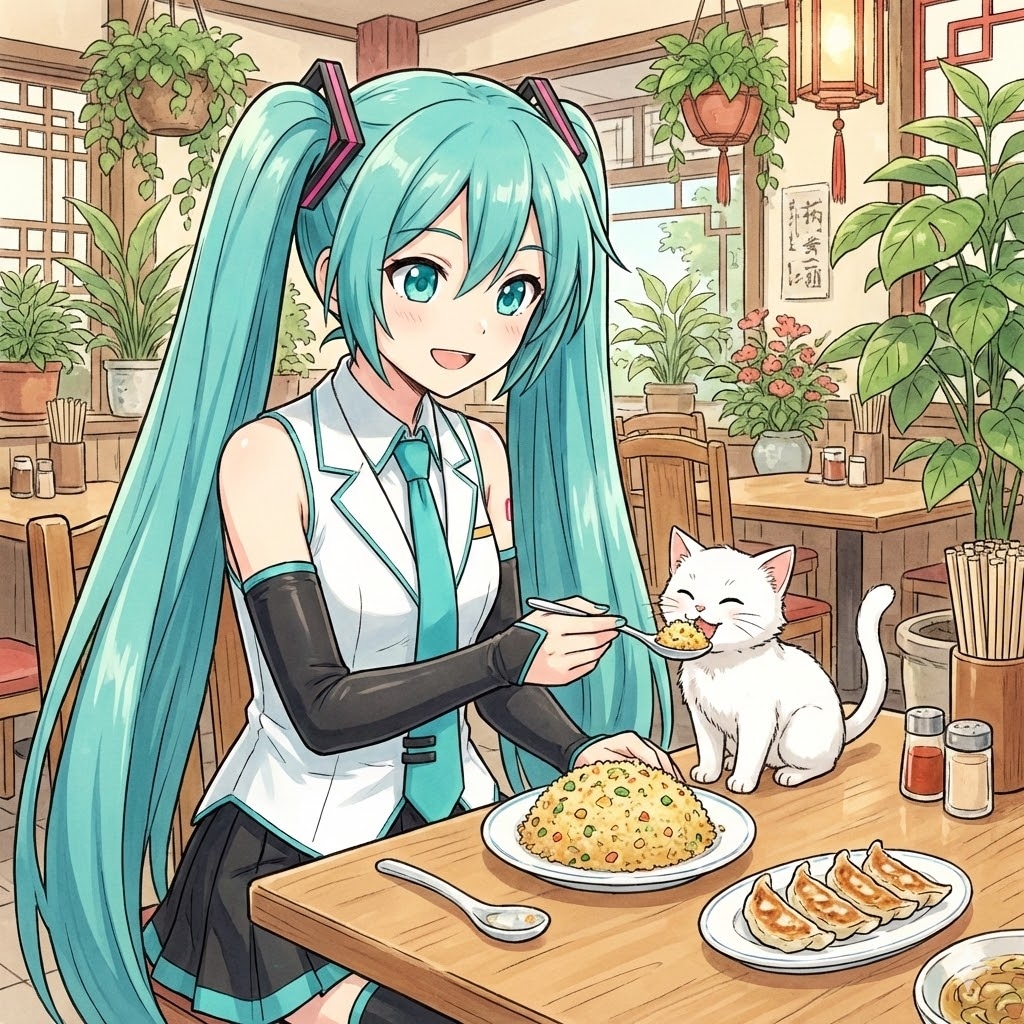 子猫に炒飯をあげるミクさん