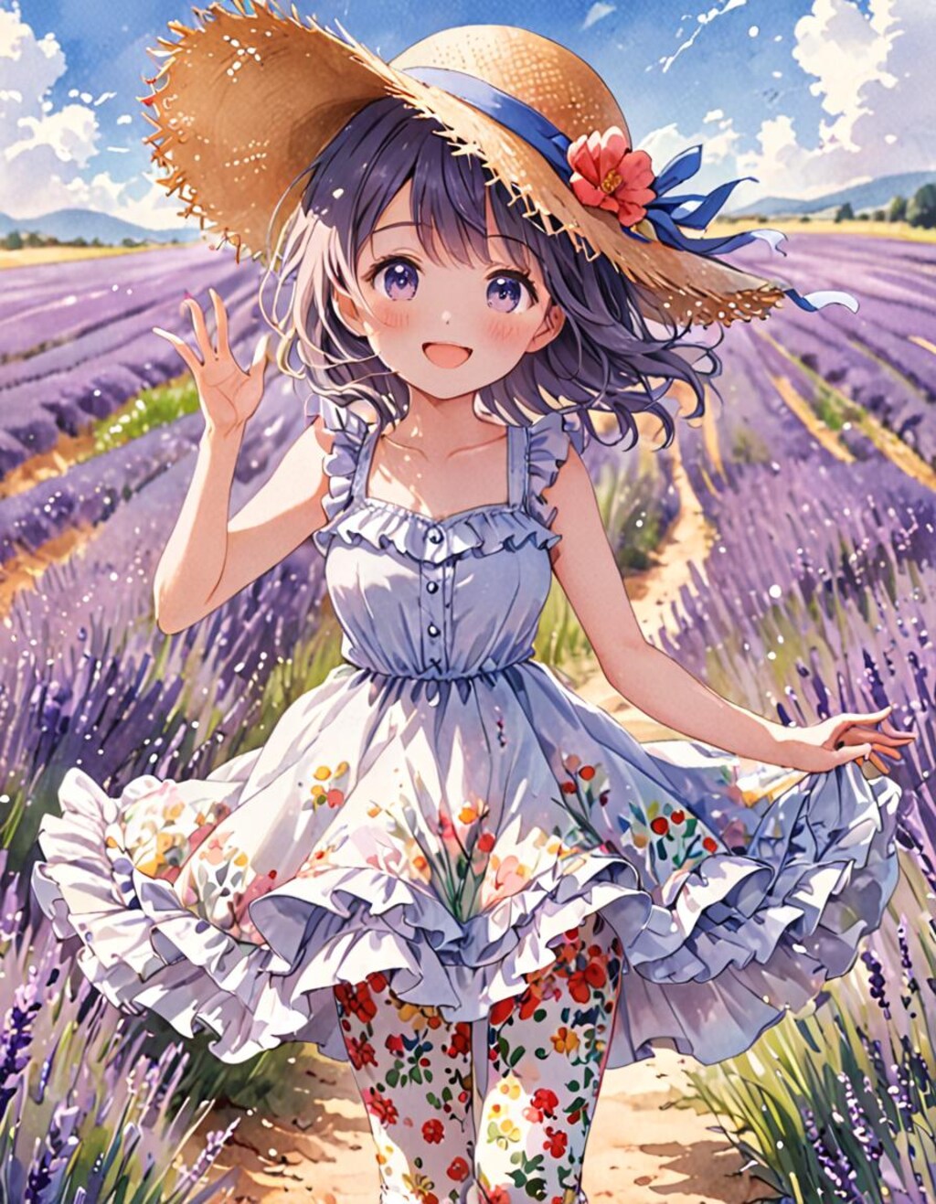 ラベンダー畑と麦わら少女