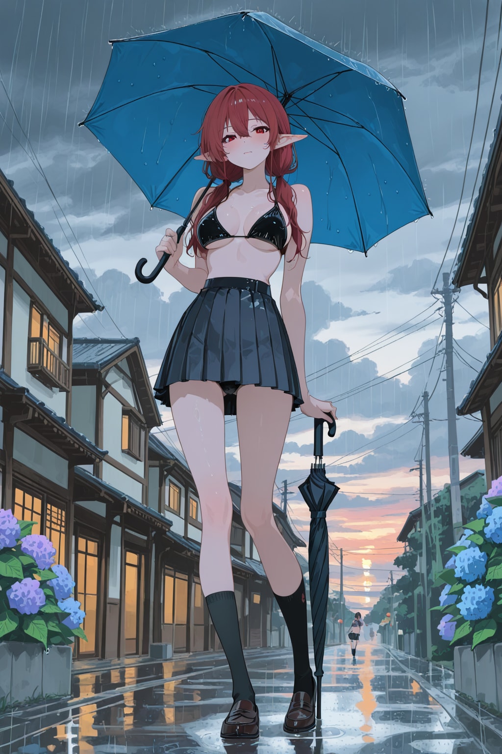 夕暮れにビキニで傘をさすエルフさん