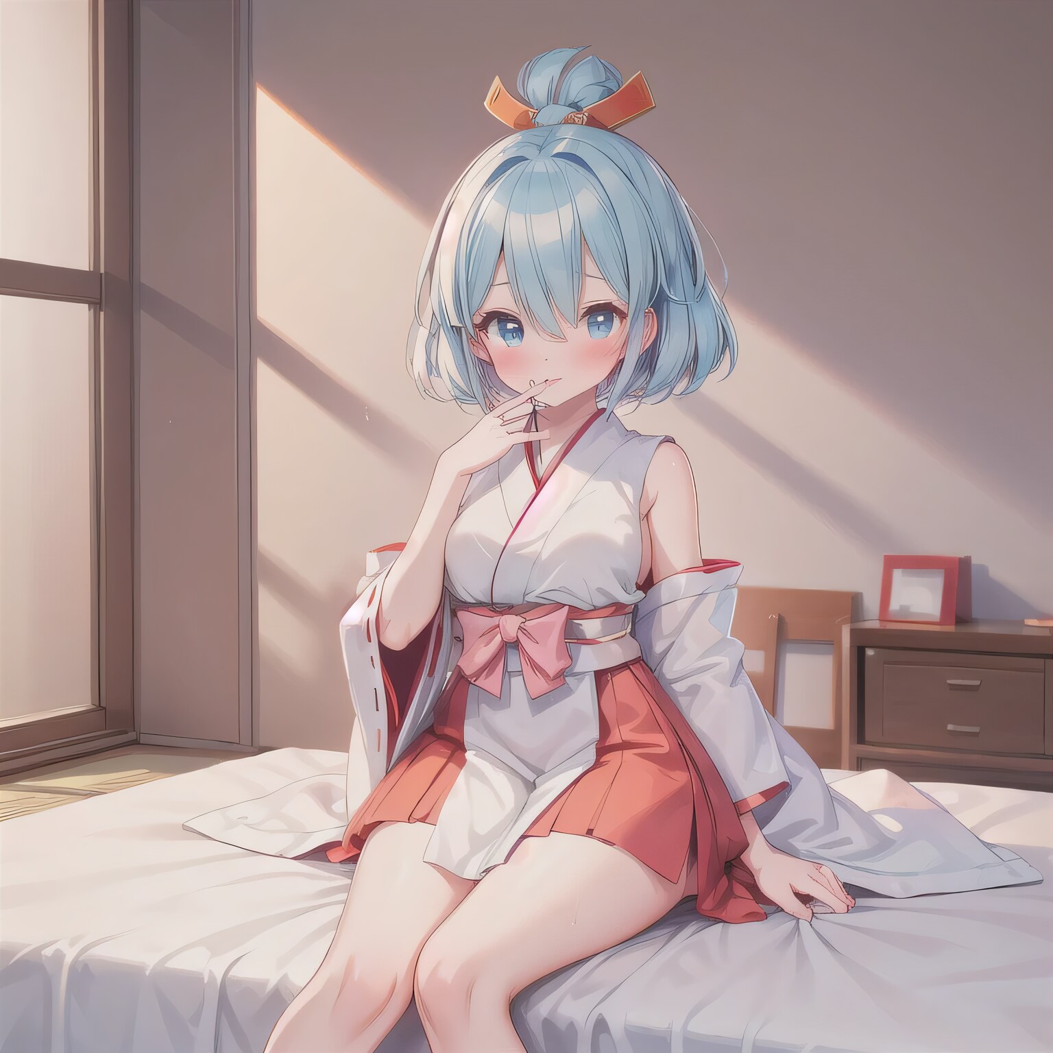 青髪ボブで巫女服の少女 | の人気AIイラスト・グラビア