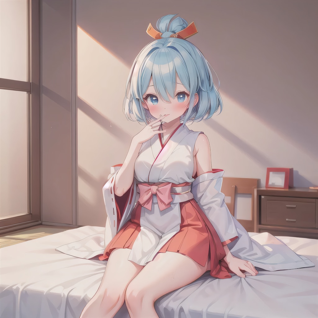 青髪ボブで巫女服の少女