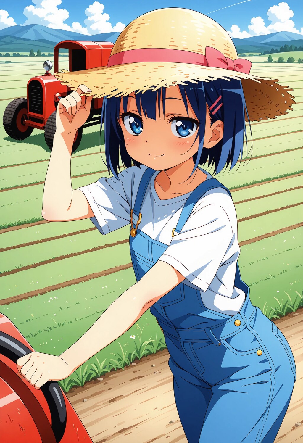 萌える女の赤いトラクター