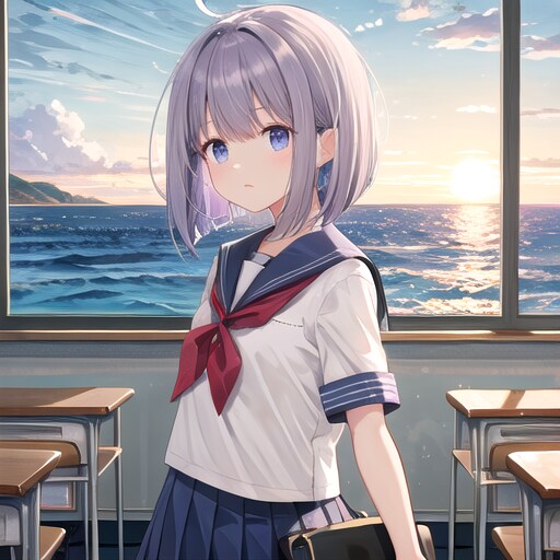 日の沈みかけた海辺の教室にいる女子高生 | の人気AIイラスト・グラビア