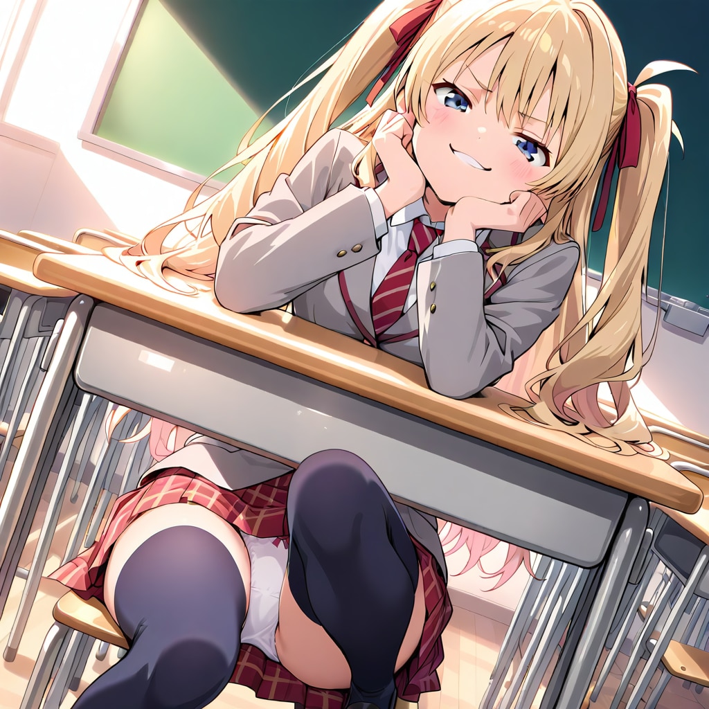 机の下からパンツ見えちゃう金髪JK