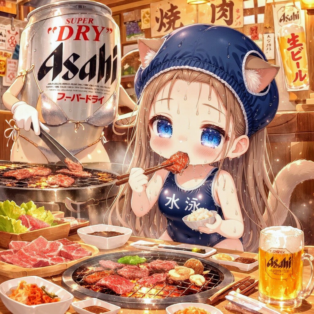 スク水でブルマをかぶり焼肉を食べる小さな女の子