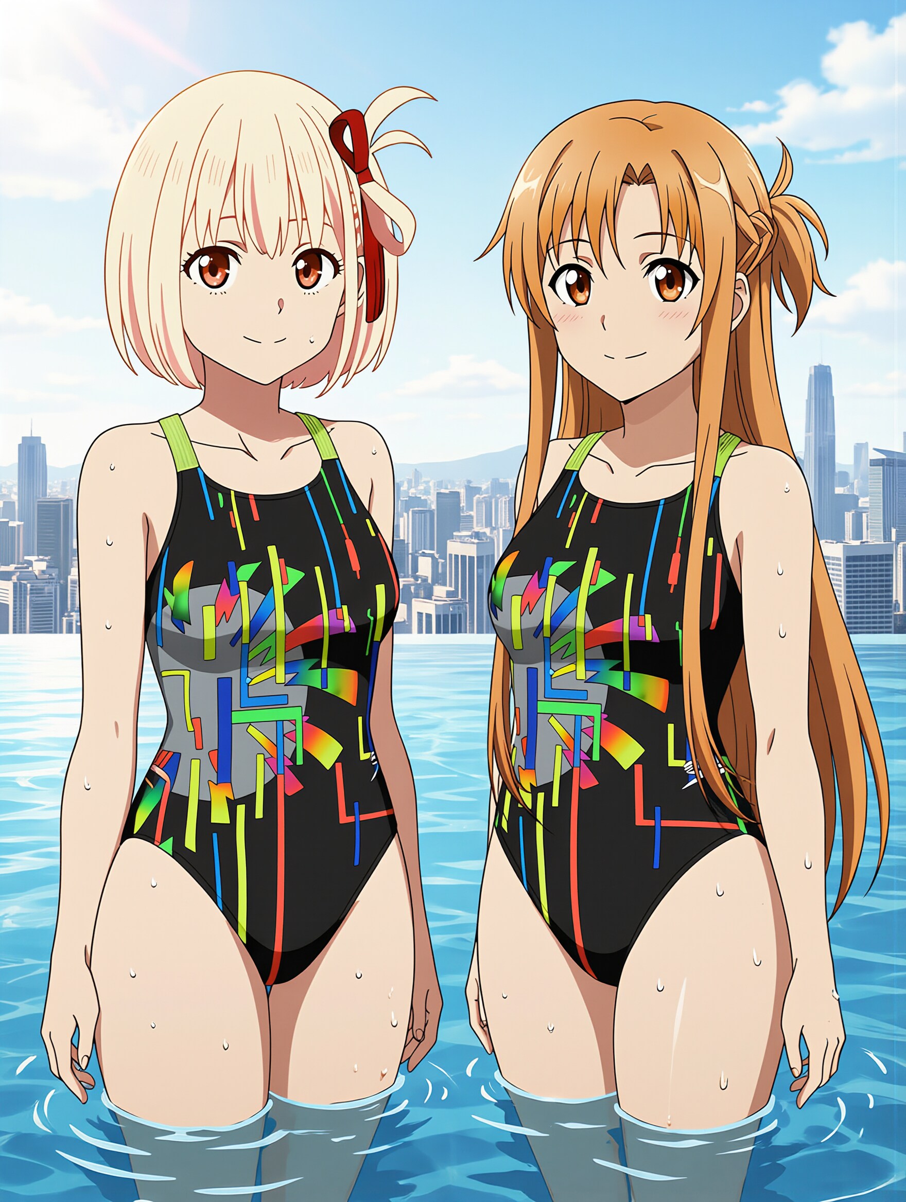 錦木千束とアスナの競泳水着姿