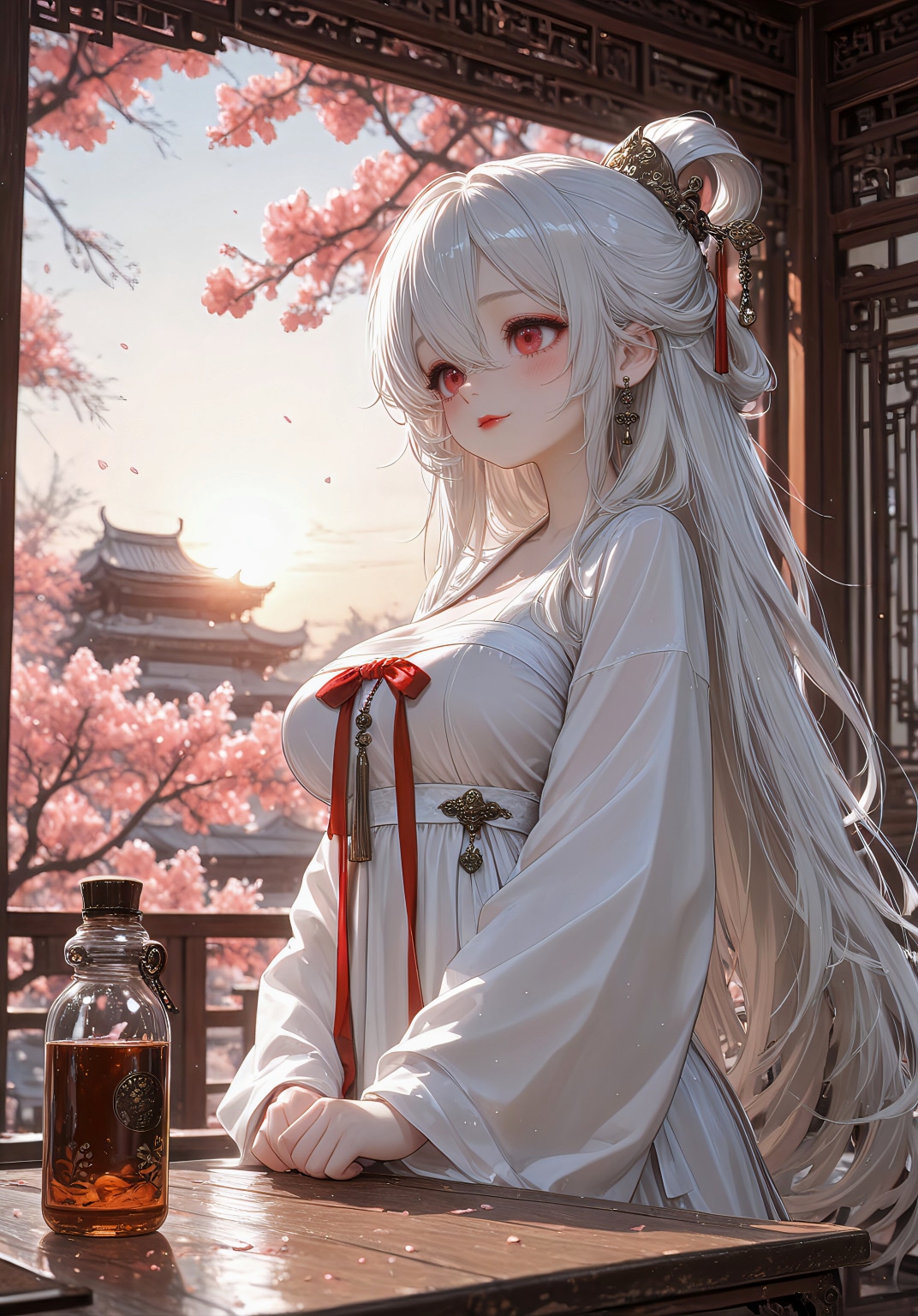 桃花に佇む白き佳人