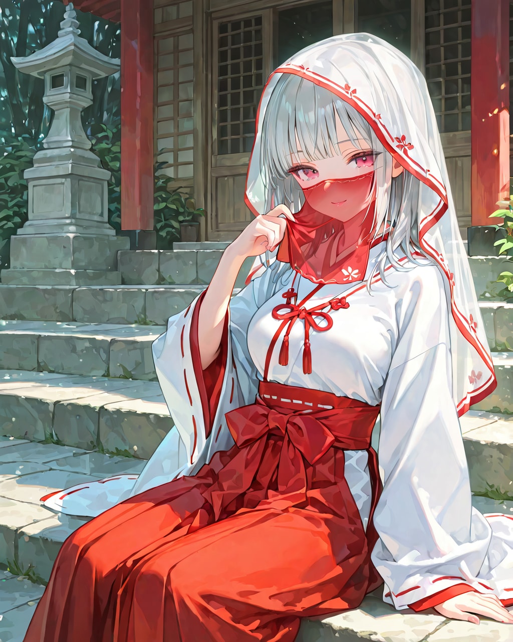 赤いフェイスベールの巫女