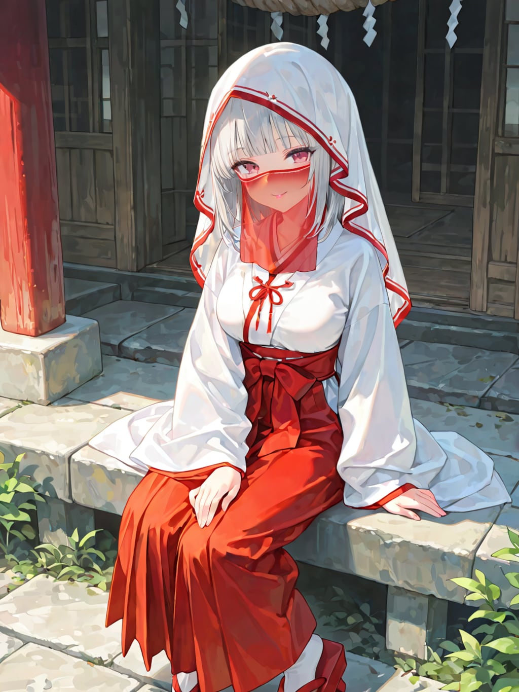 赤いフェイスベールの巫女