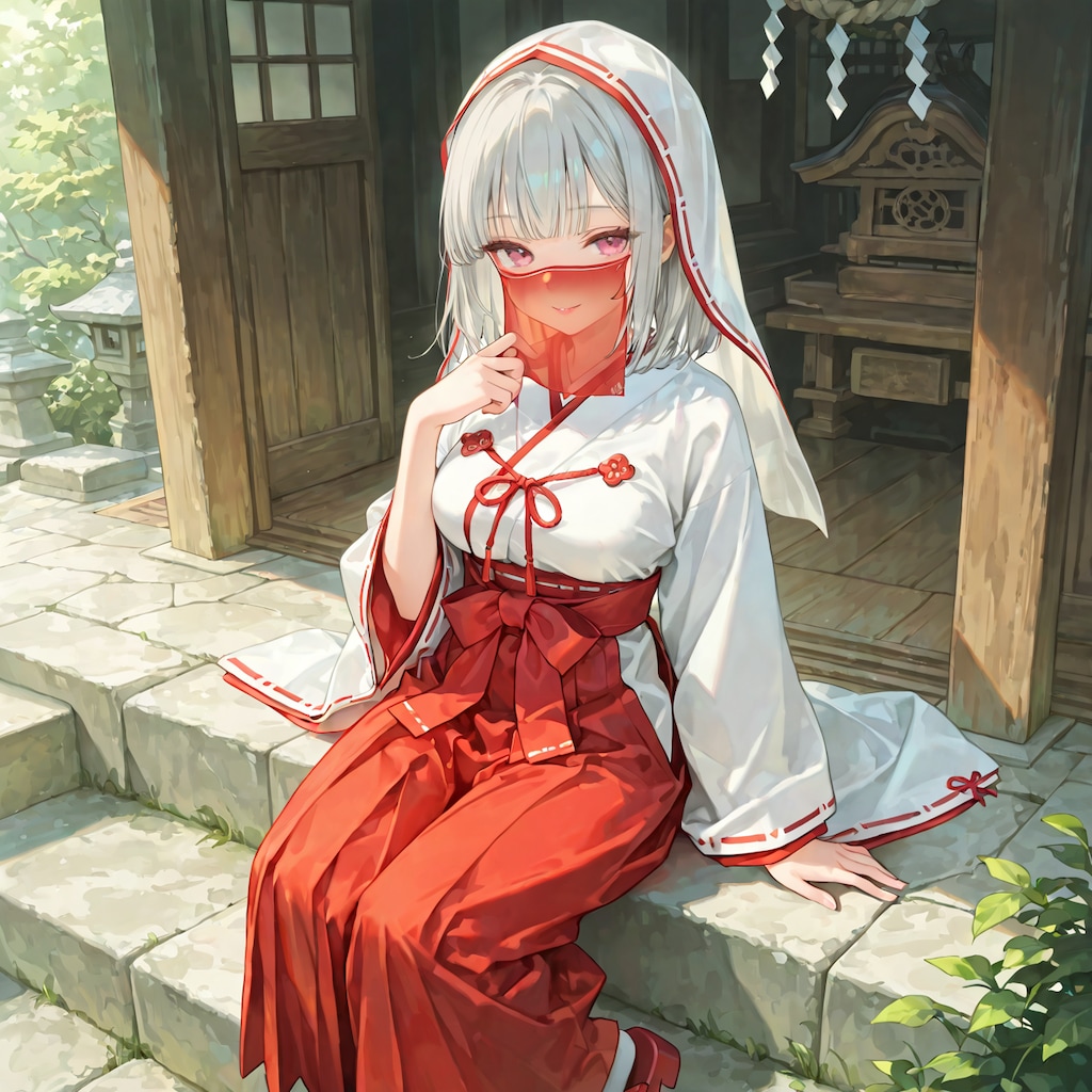 赤いフェイスベールの巫女