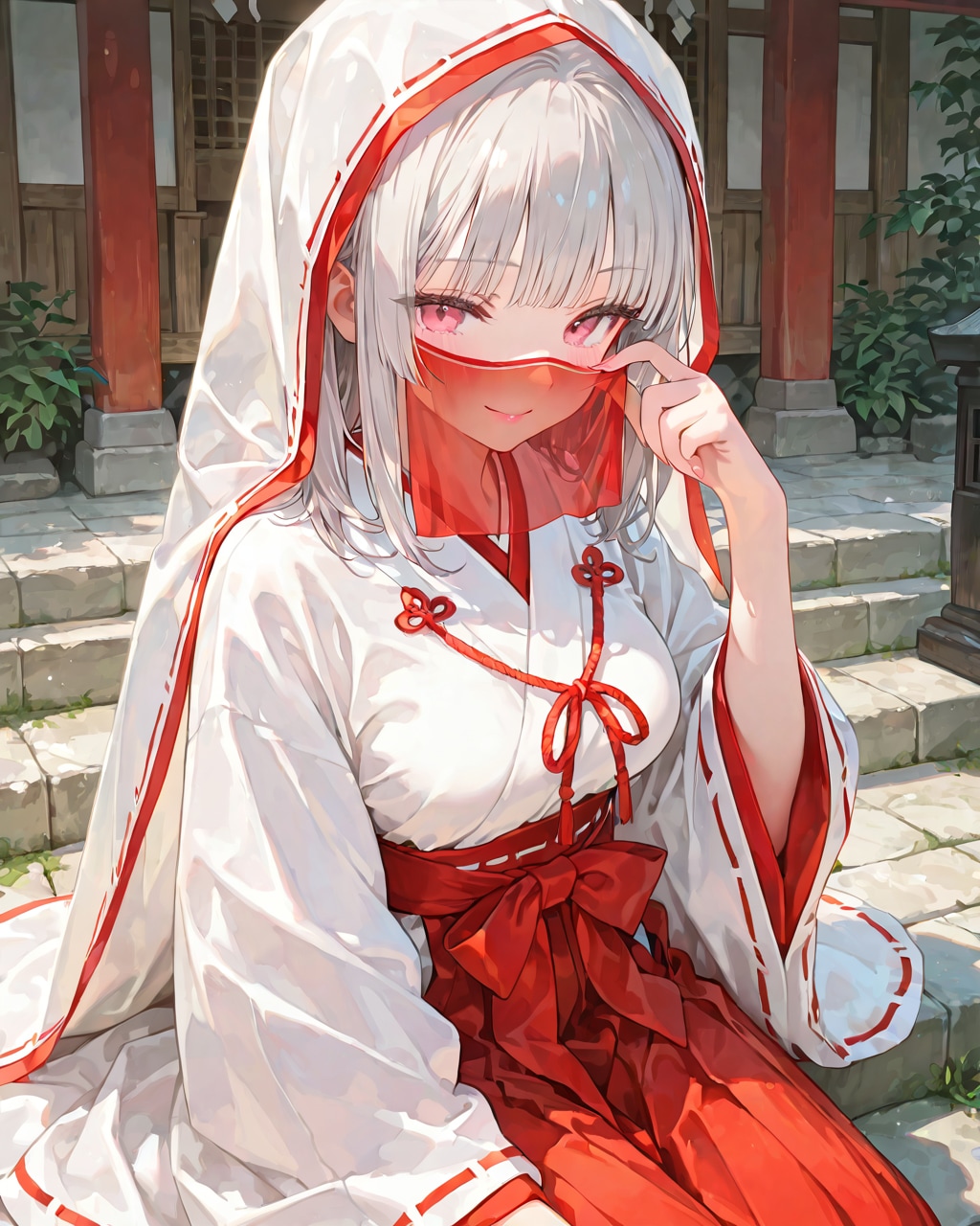 赤いフェイスベールの巫女