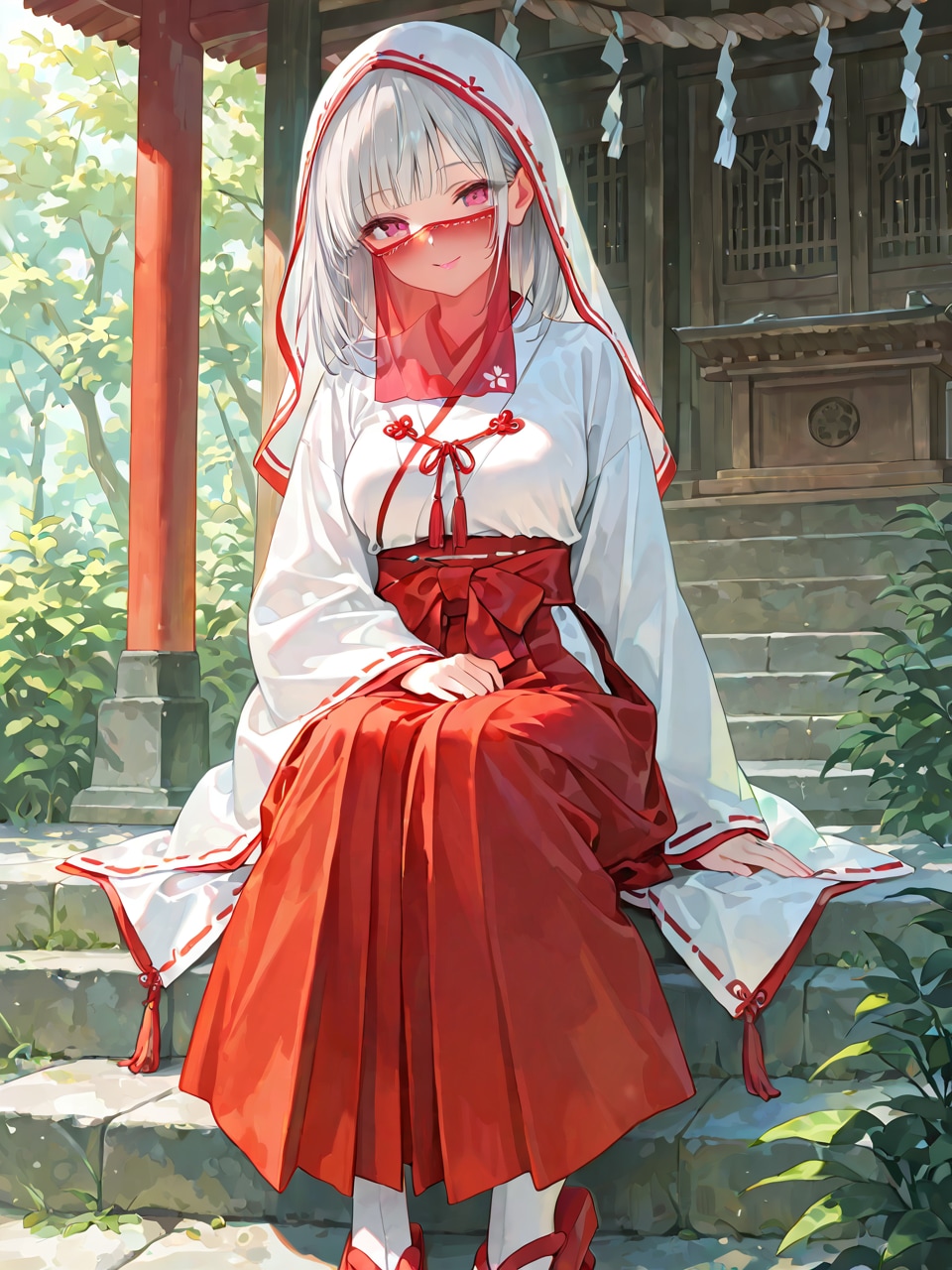 赤いフェイスベールの巫女 | の人気AIイラスト・グラビア