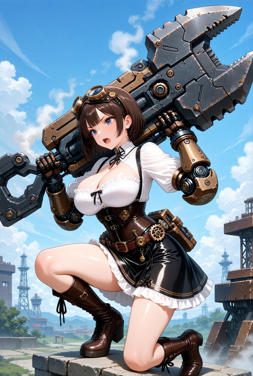 スチームパンクの武器で闘うショートカットさん