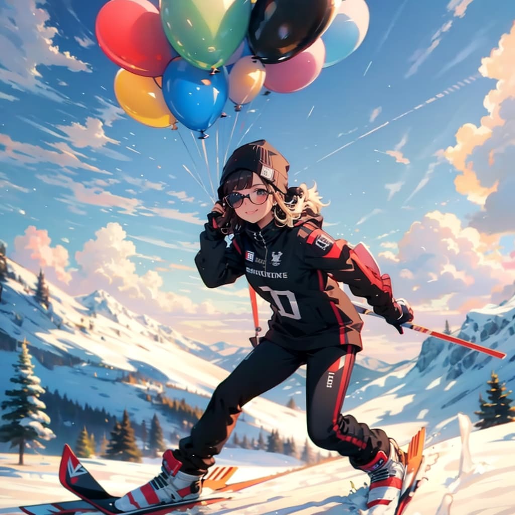 いっぱい色とりどりの風船を持つスキージャンプ選手の美女。 | の人気AIイラスト・グラビア