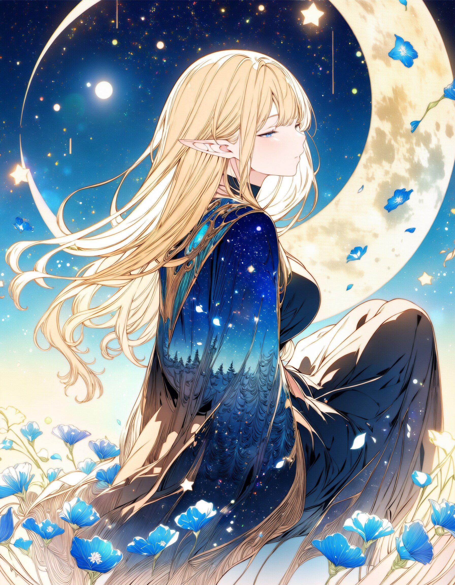 月と青い花とエルフ姉さんXL | の人気AIイラスト・グラビア