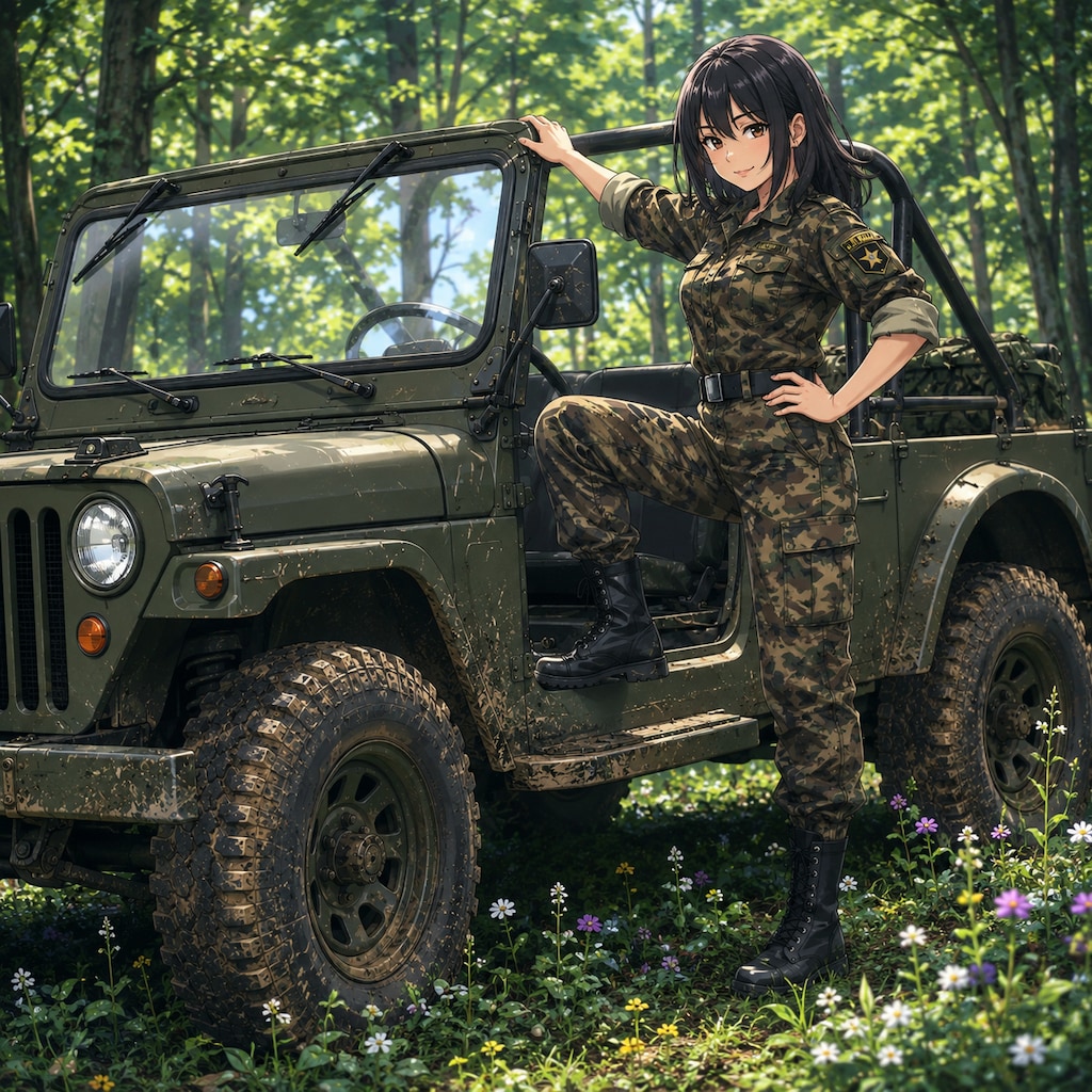 ジープに乗る女