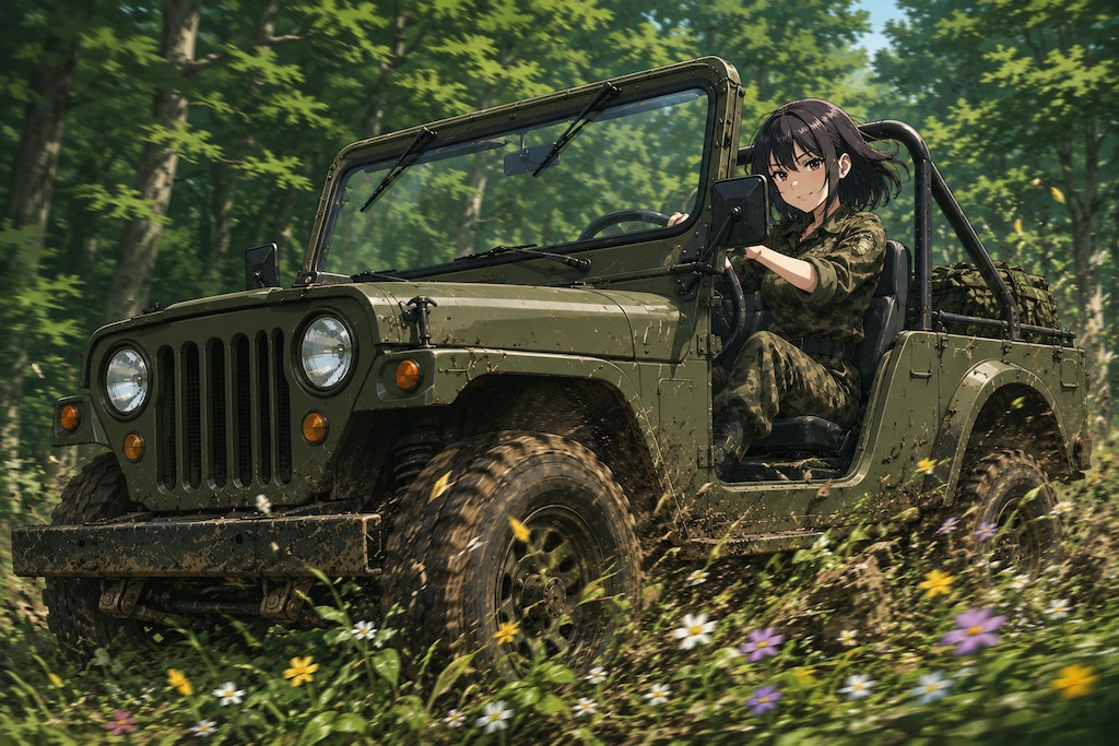 ジープに乗る女