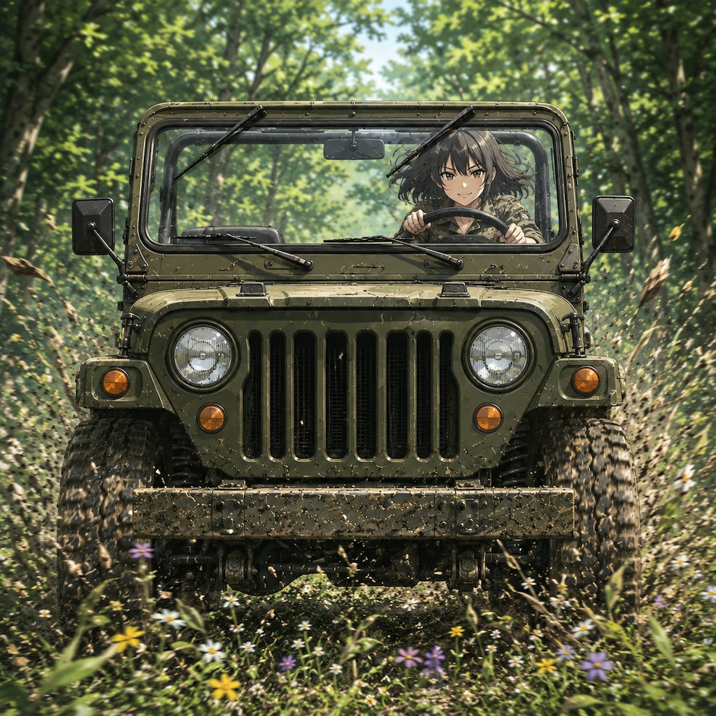 ジープに乗る女