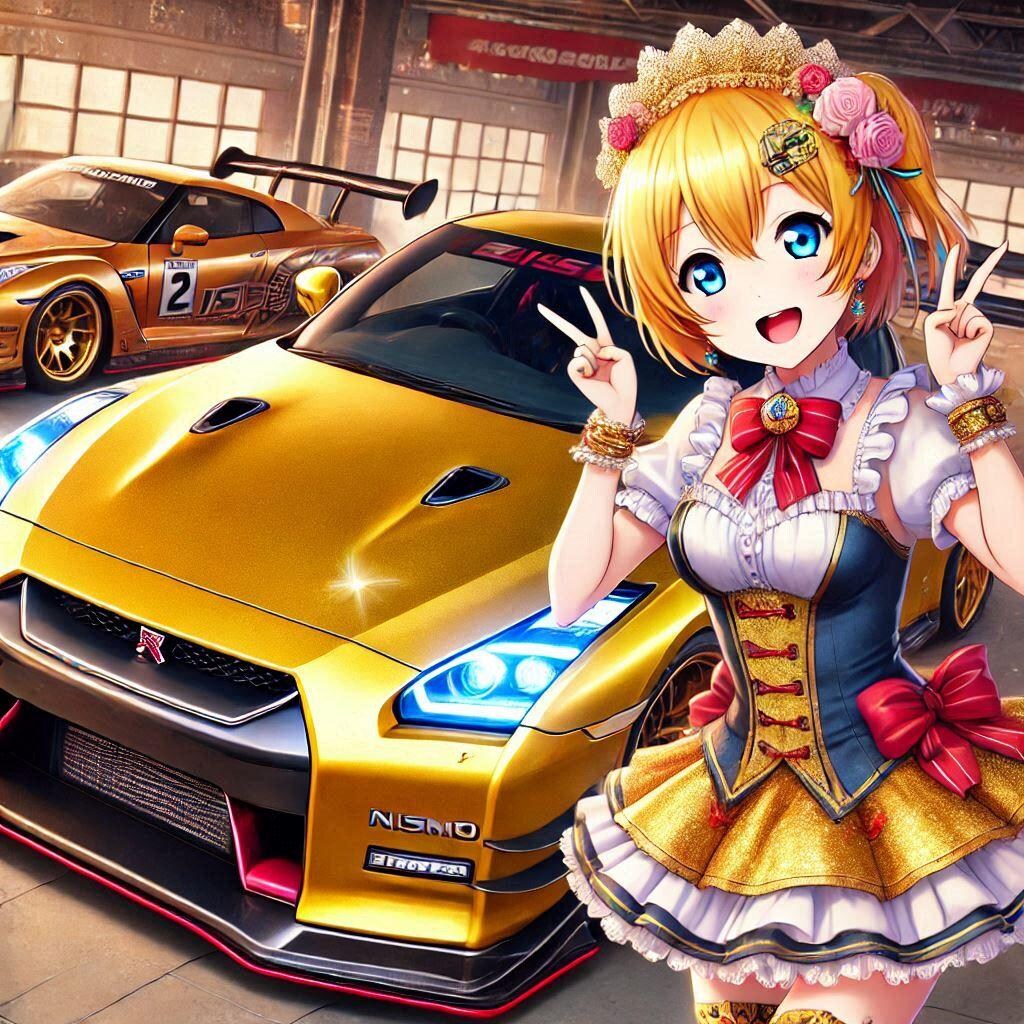 ラブライブキャラとゴールドカラー日産GT-Rのドリ車