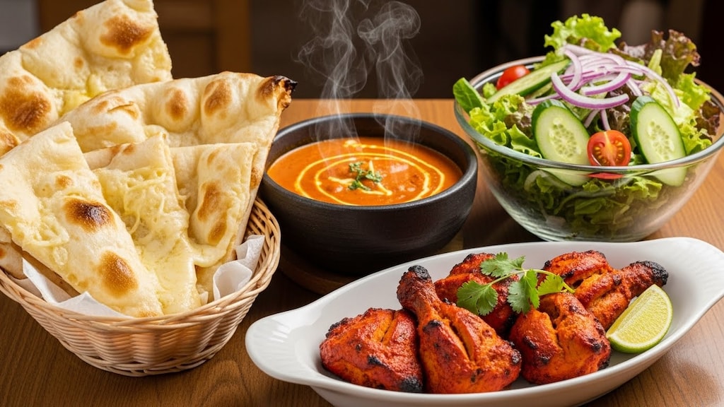 摩訶不思議食堂のカレーとチーズナンとタンドリーチキンサラダ付き