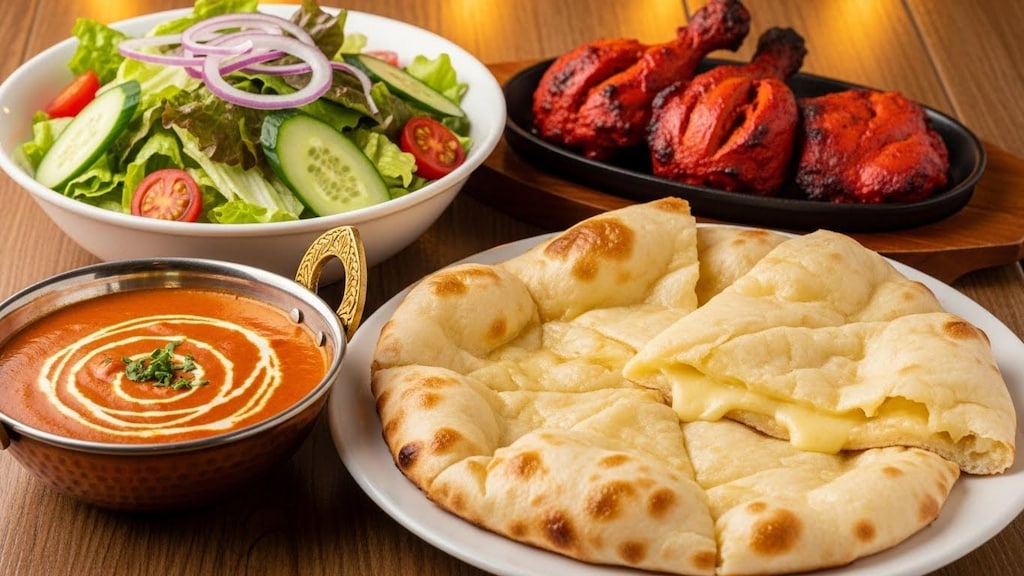 摩訶不思議食堂のカレーとチーズナンとタンドリーチキンサラダ付き