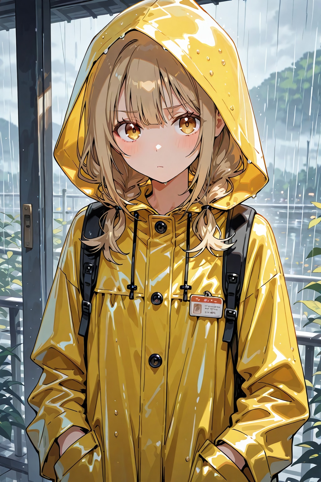 雨、黄色い雨合羽を着た少女 | の人気AIイラスト・グラビア