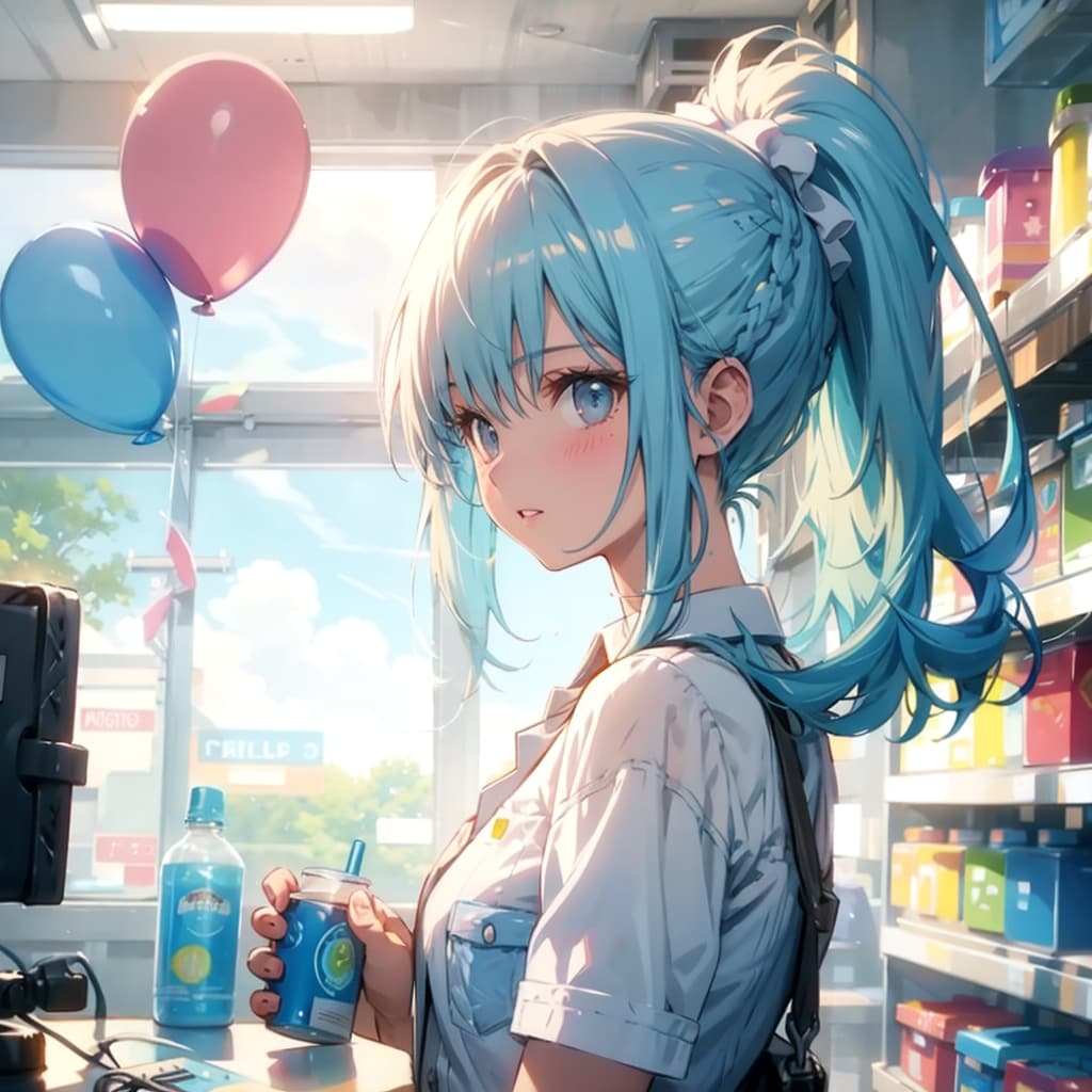 いっぱい色とりどりの風船を持つ水色髪ポニーテールのガソリンスタンドの美女店員さん